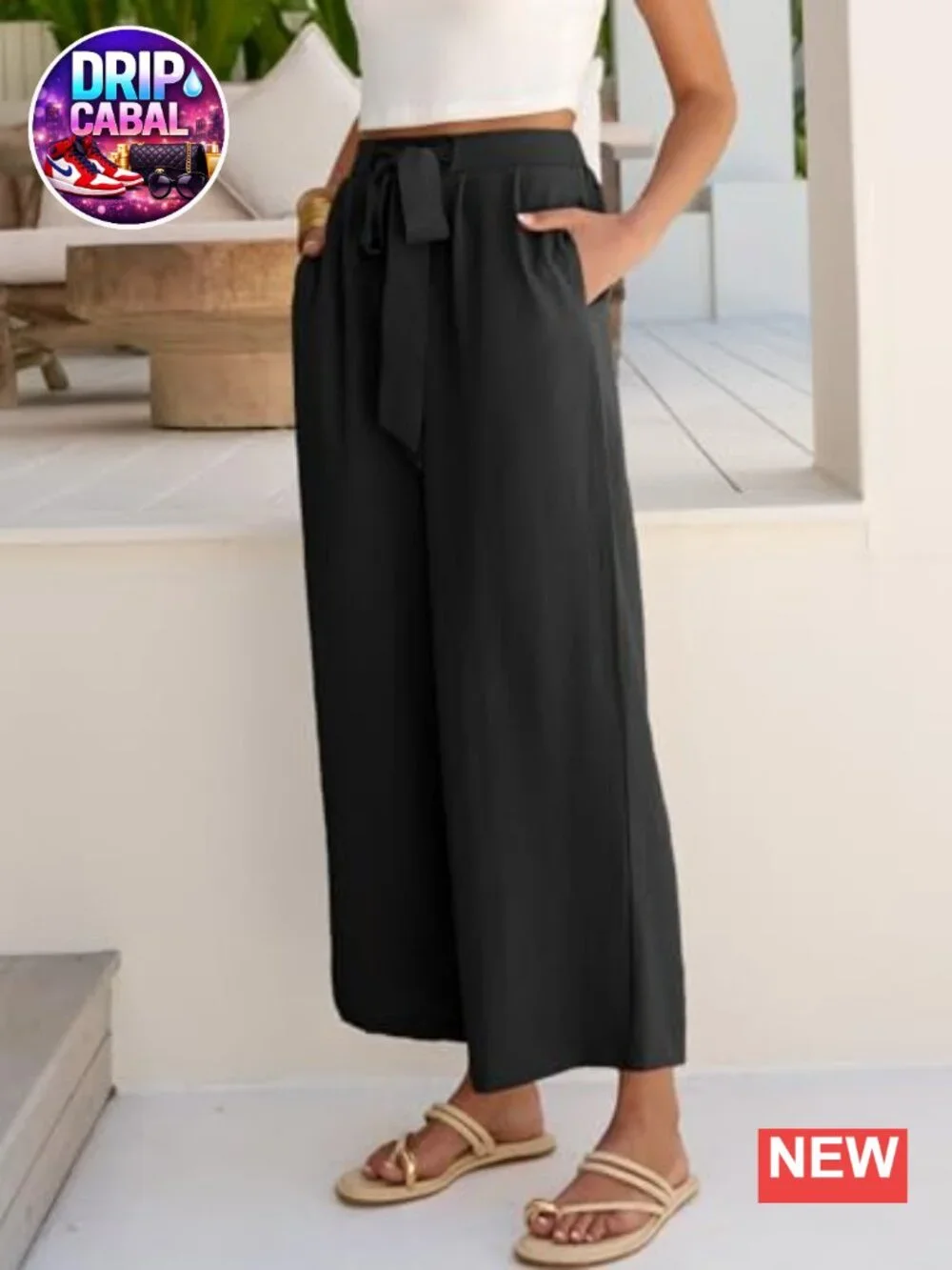 Wide Leg Palazzo Pants with Pockets High Waisted Loose Casual Cropped